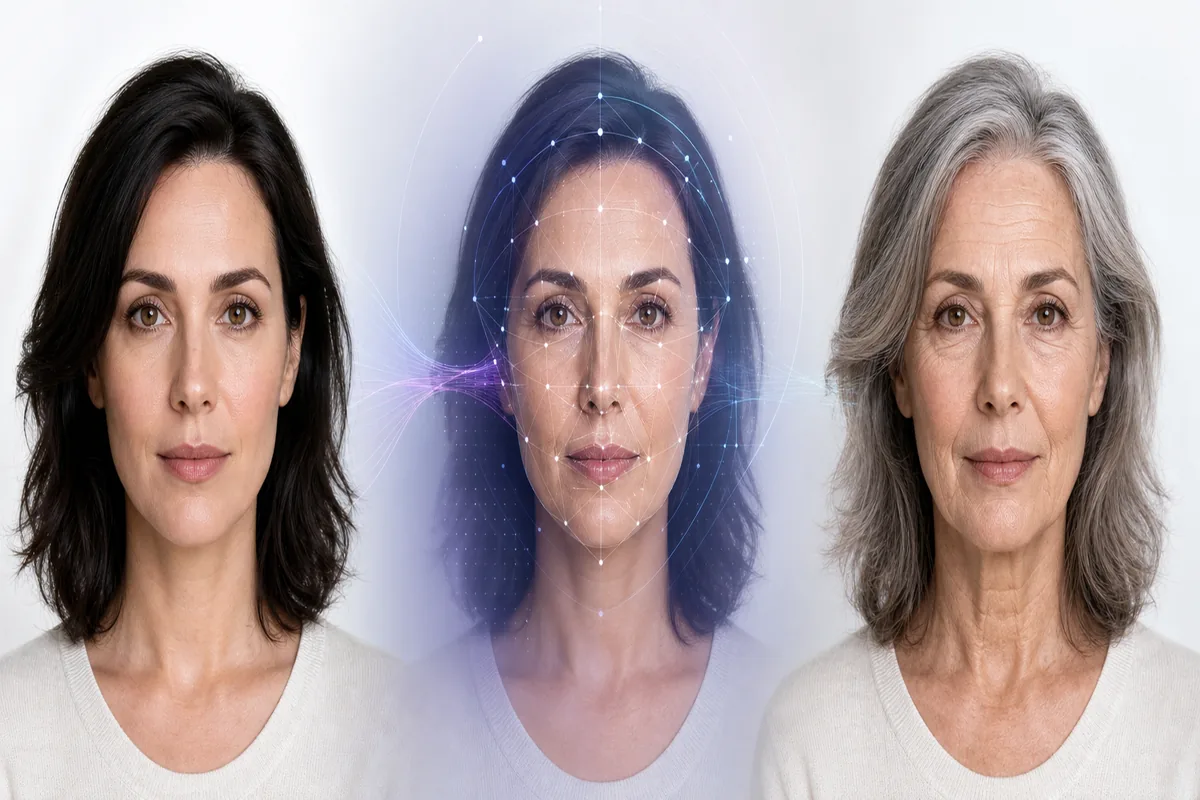 Ilustração editorial em três etapas com retrato, análise facial e prévia de um rosto mais velho