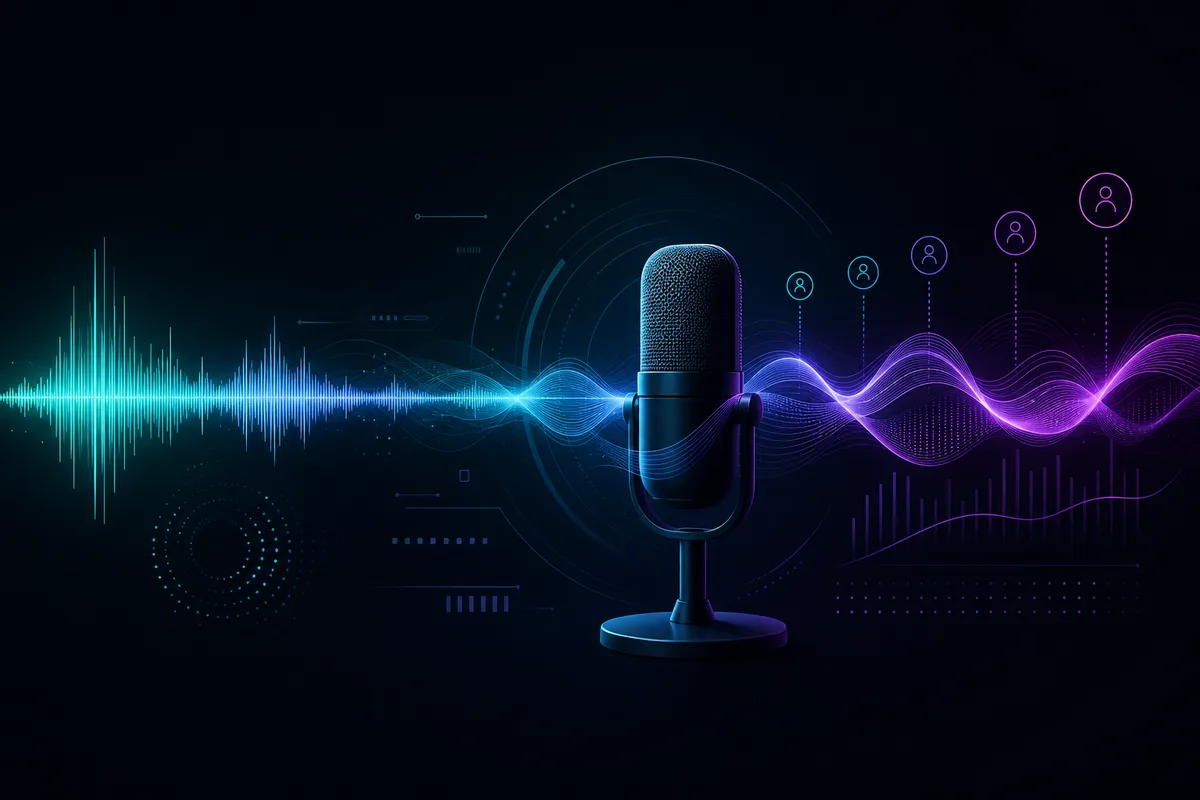 Abstrakte Audiowelle und Mikrofonoberfläche zur Darstellung der Stimmalter-Schätzung