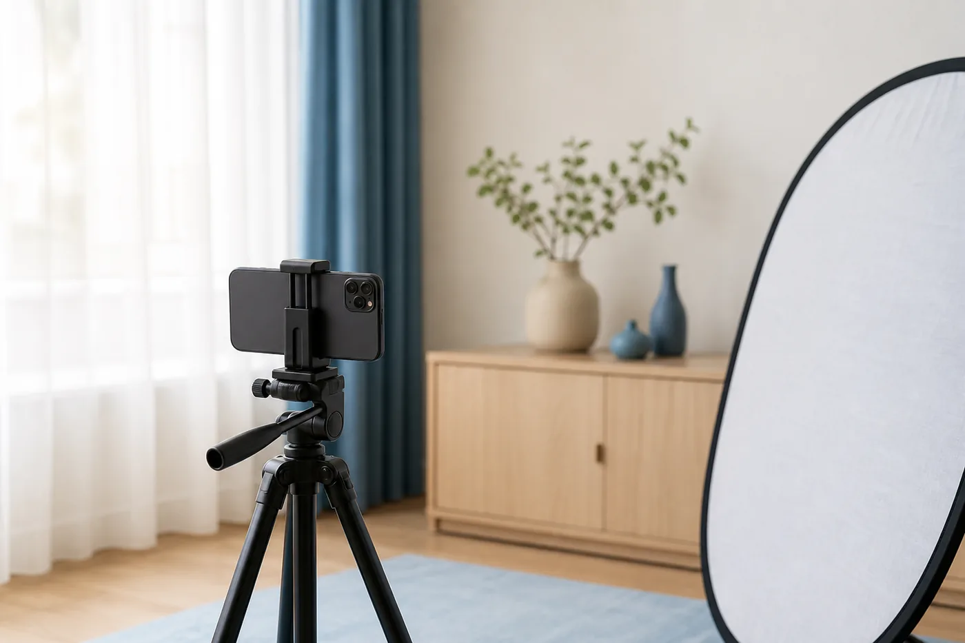 Set per ritratto con smartphone, treppiede, finestra e riflettore